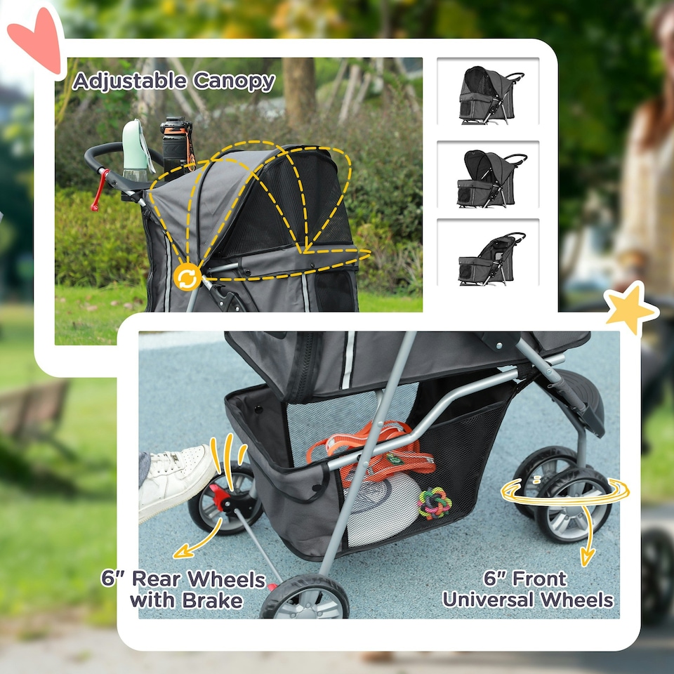 image 1 of PawHut Pet Stroller Pushchair Carrier for Cat Puppy with 3 Wheels Dark Grey