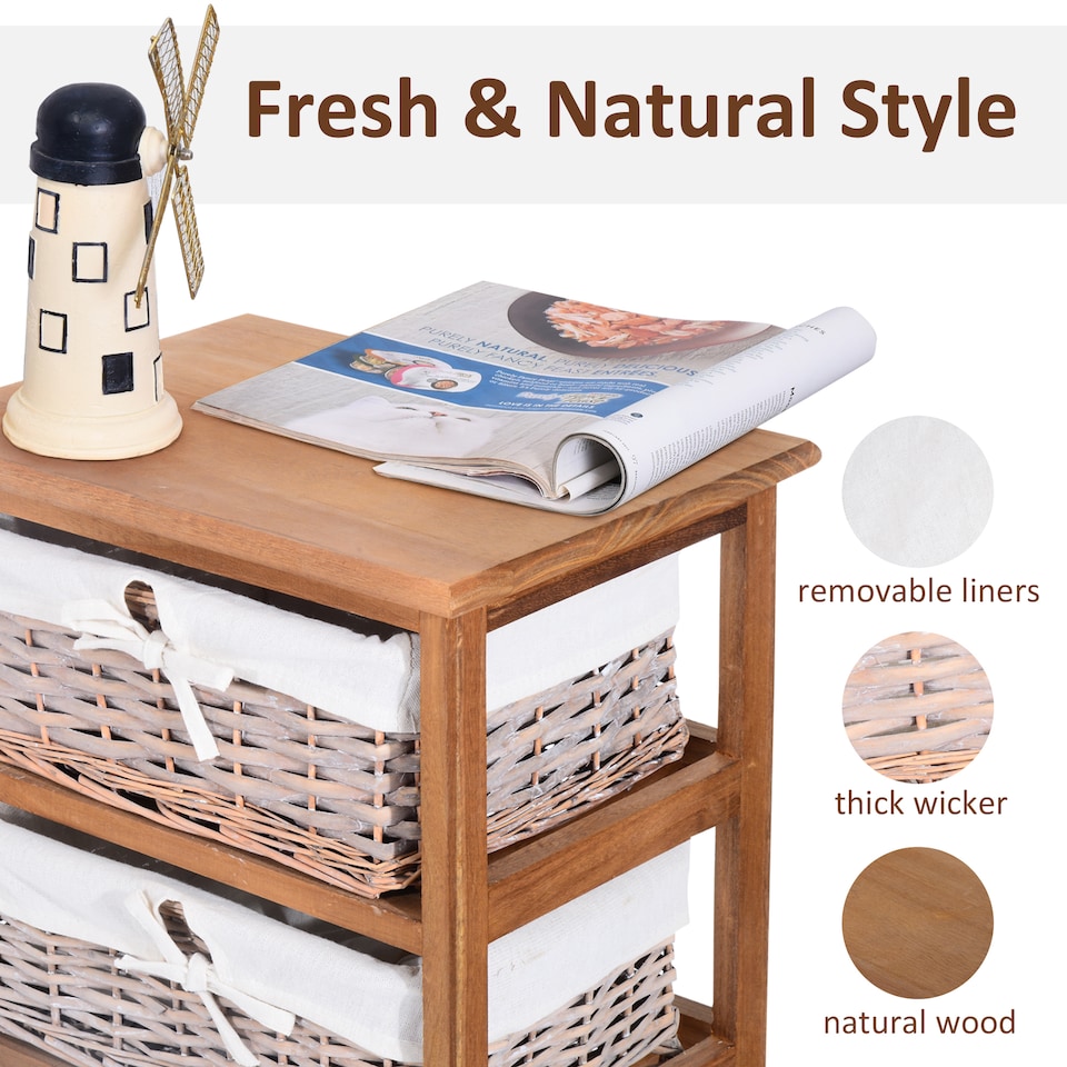 image 1 of HOMCOM 5 Drawer Dresser Wicker Basket Storage Shelf Unit Wooden Frame Home Organisation Cabinet Bedroom Office Furniture Natural Finish