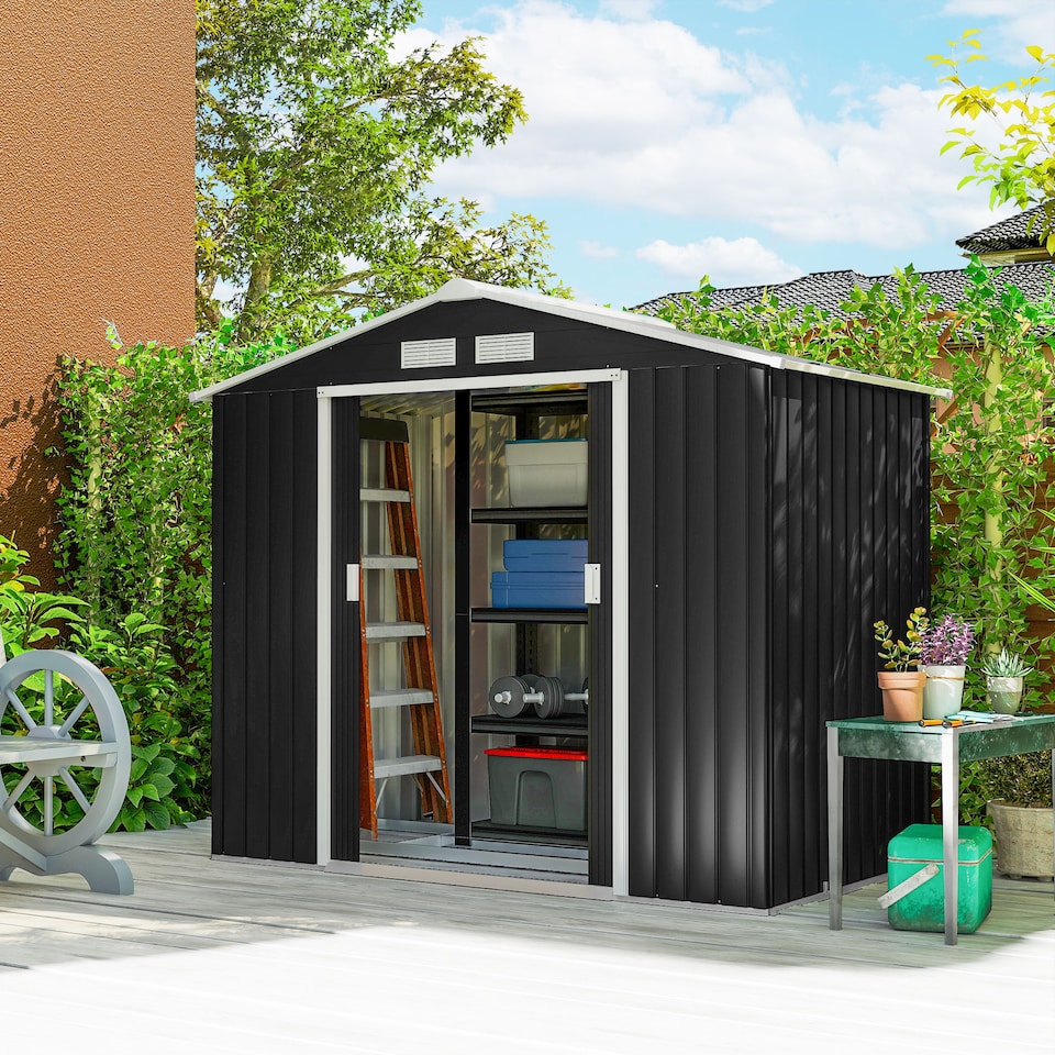image 1 of Outsunny 7 x 4ft Metal Garden Shed, Outdoor Storage Tool House with Ventilation Slots, Foundation Kit and Lockable Double Doors, Dark Grey