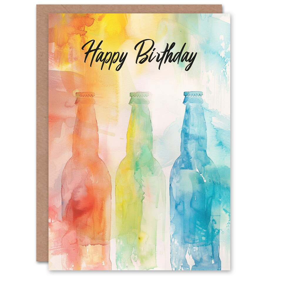 image 1 of Beer Bottles Soft Watercolour Rainbow Colour Birthday Card