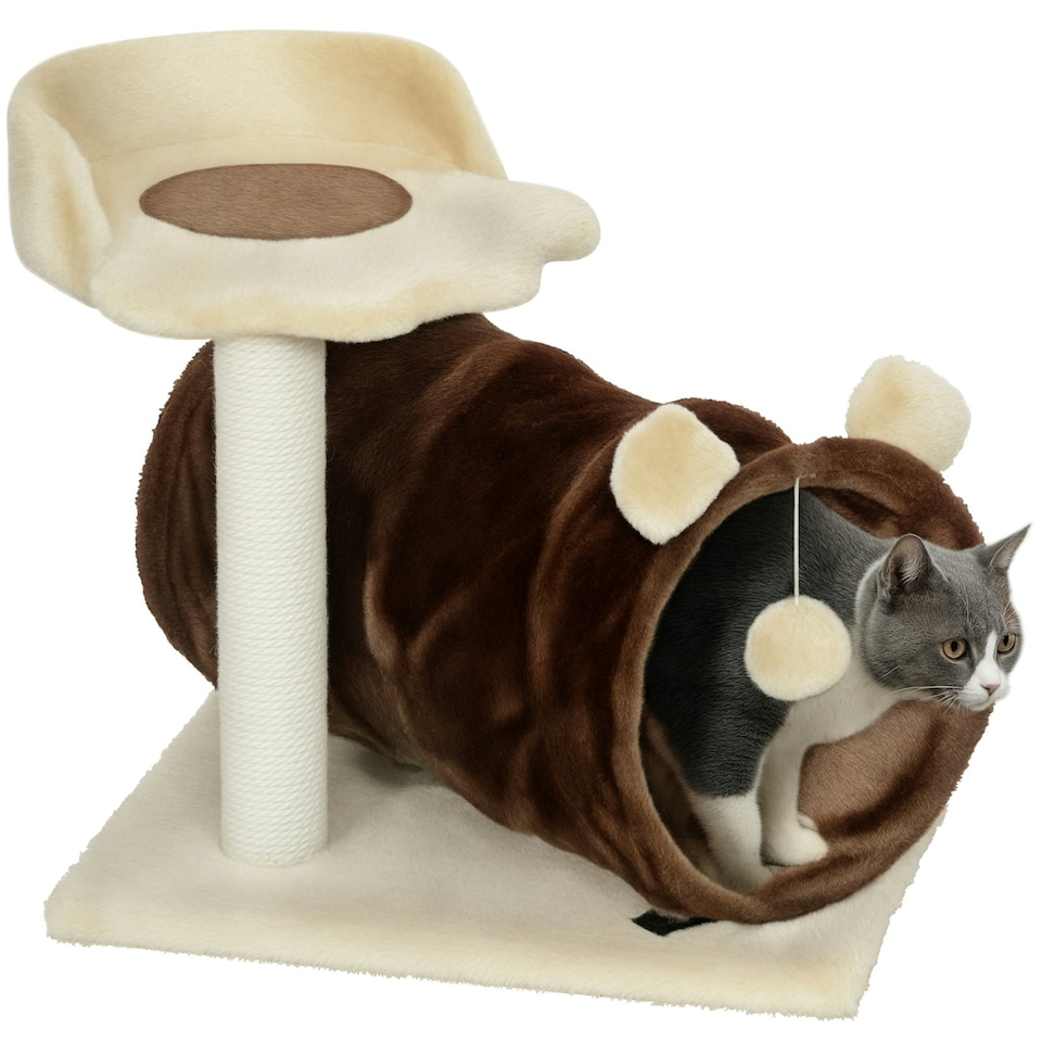 image 1 of PawHut Cat Tree with Scratching Post Bed Tunnel Toy Ball, 47cm, Dark Brown