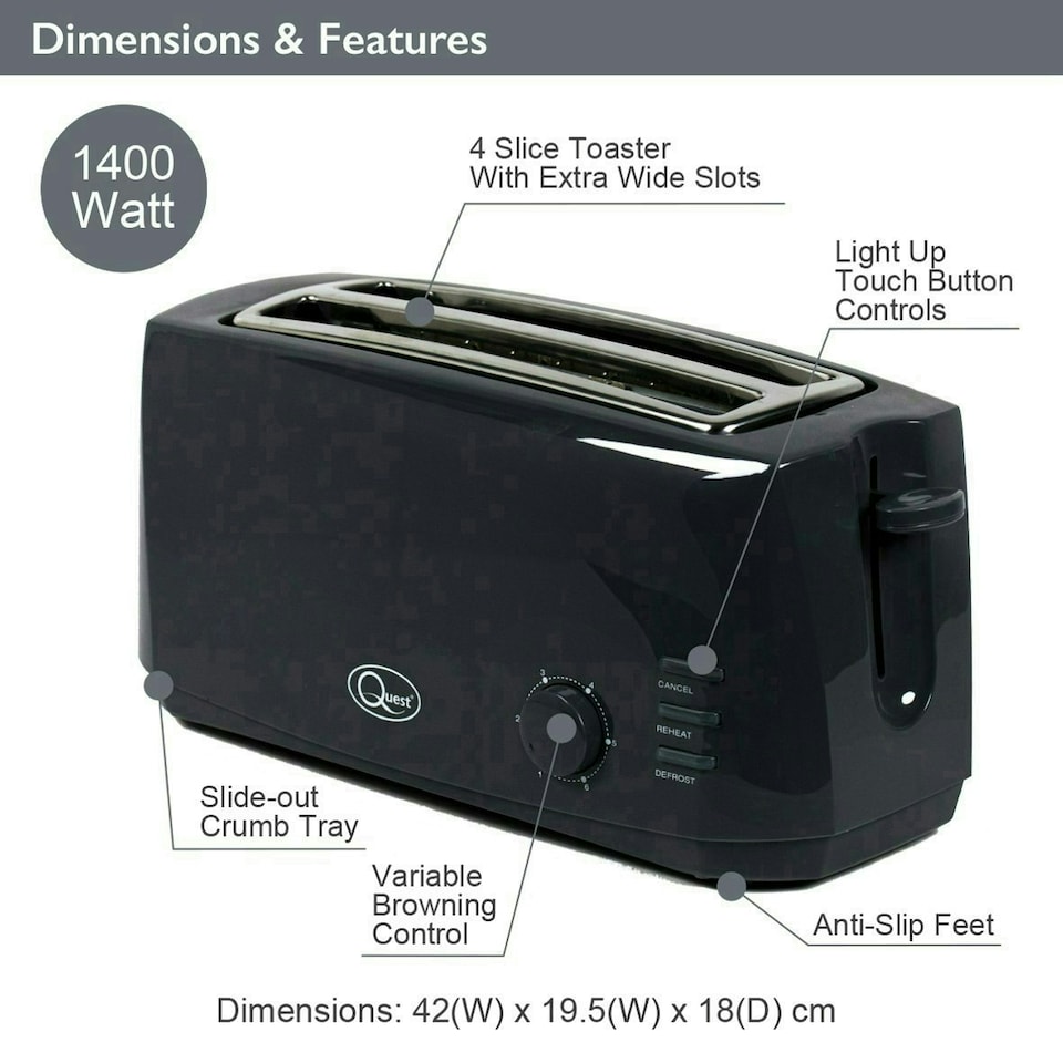 image 1 of Quest 4 Slice Toaster With Wide Slots - Black
