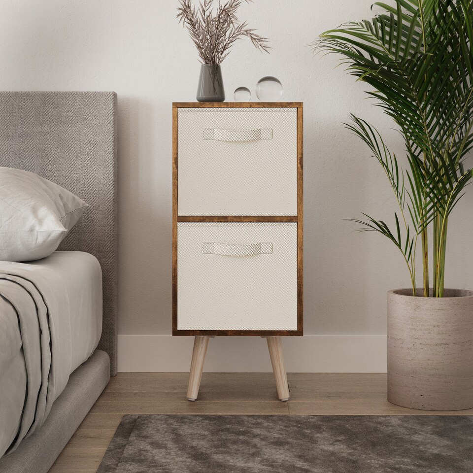 image 1 of Rustic Brown 2-Tier 2-Drawer Cube Shelving Unit with Scandinavian Legs | Cream | Cream & Pine | 1