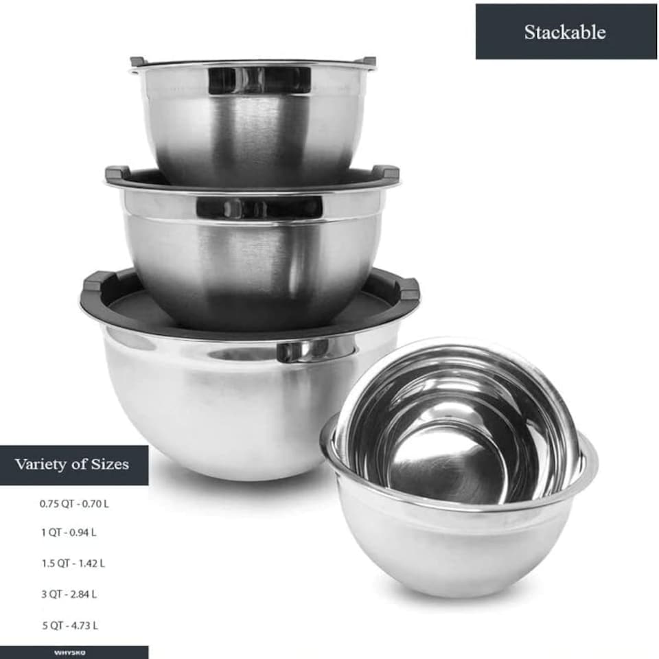 image 1 of Mixing Bowl Set of 5, Stainless Steel Nesting Bowls for Meal Preparation Kitchen Baking Air Tight Black lids