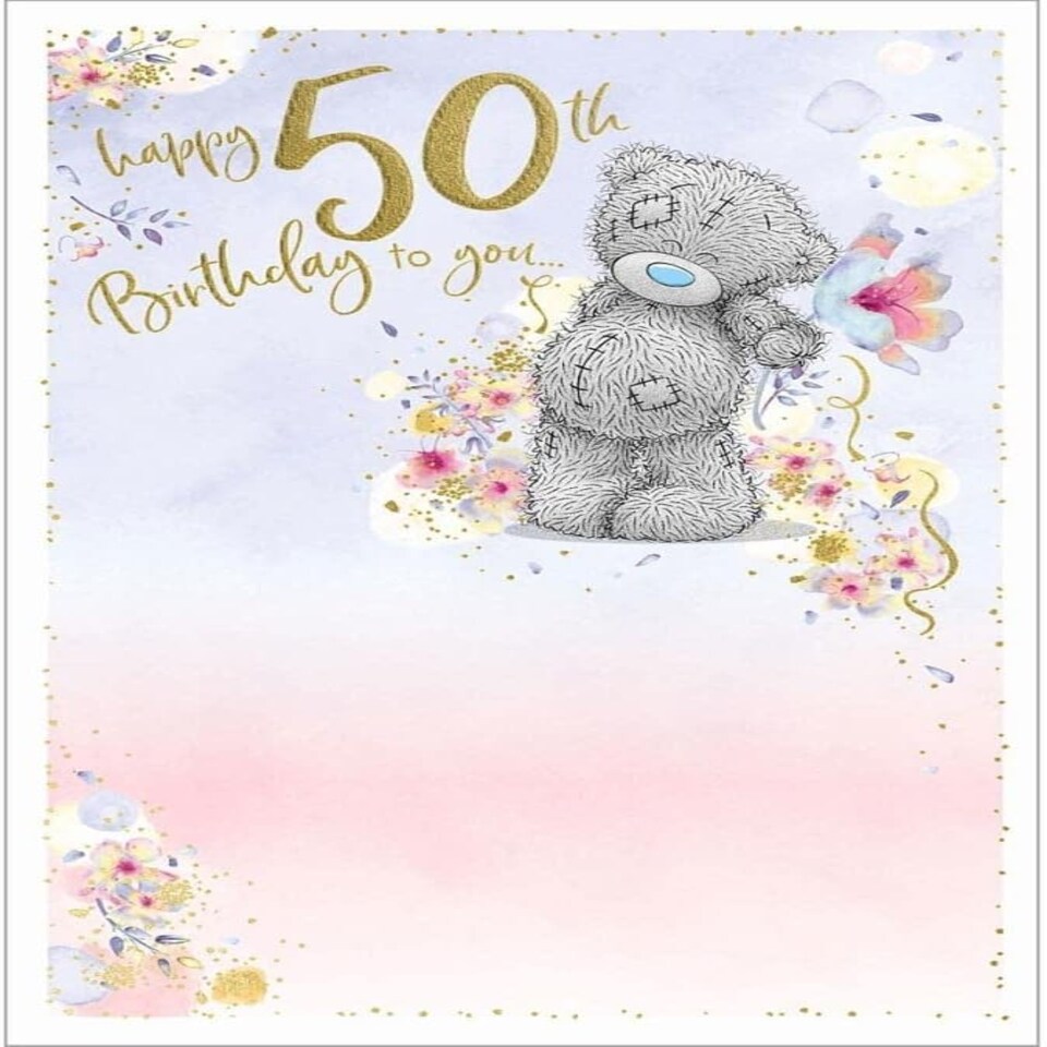image 1 of Bear Holding Single Flower 50th Birthday Card