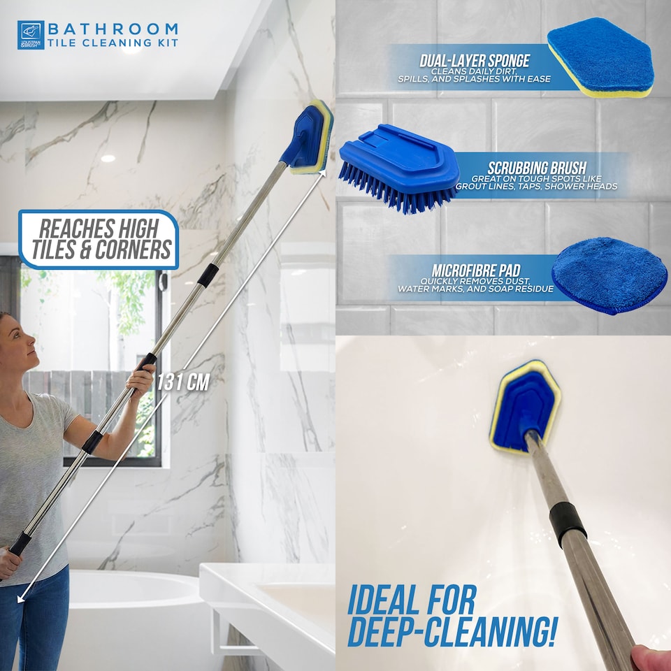 image 1 of Bathroom Cleaning Set Long Handled Tile Cleaning Kit