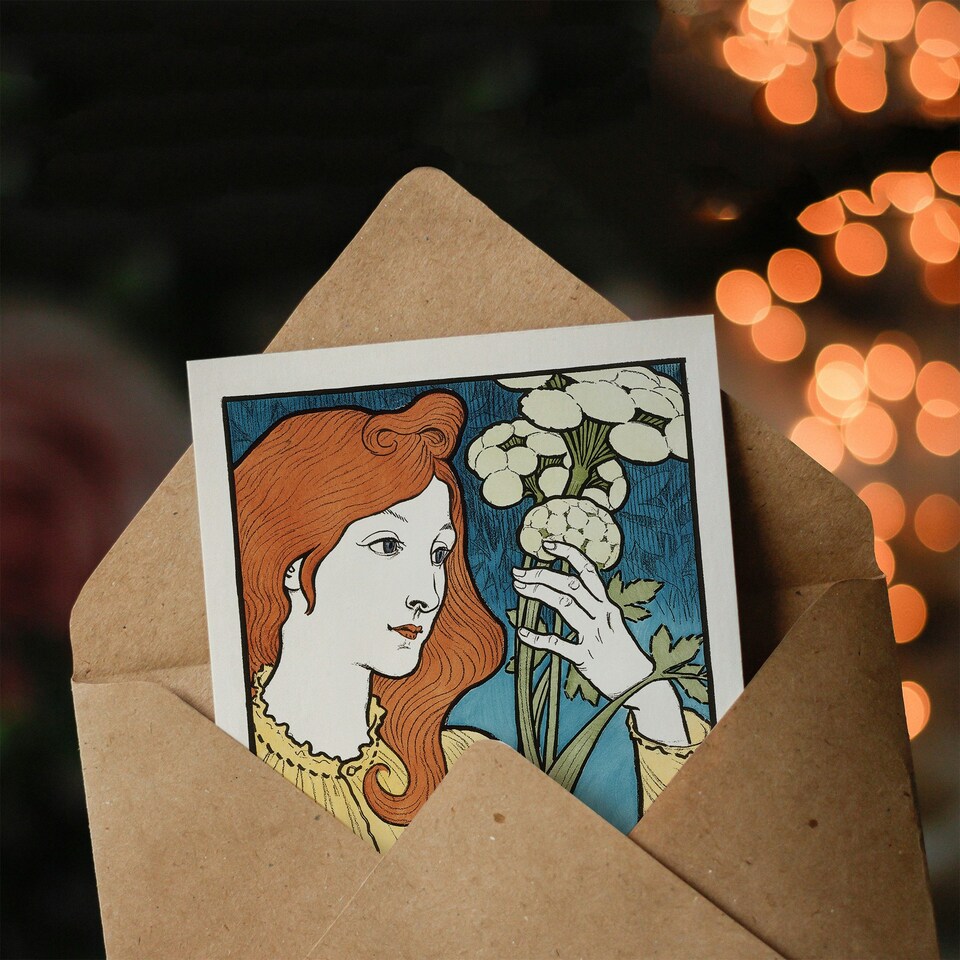 image 1 of Eugene Grasset Art Card Salon des Cent Woman Drawing Flower