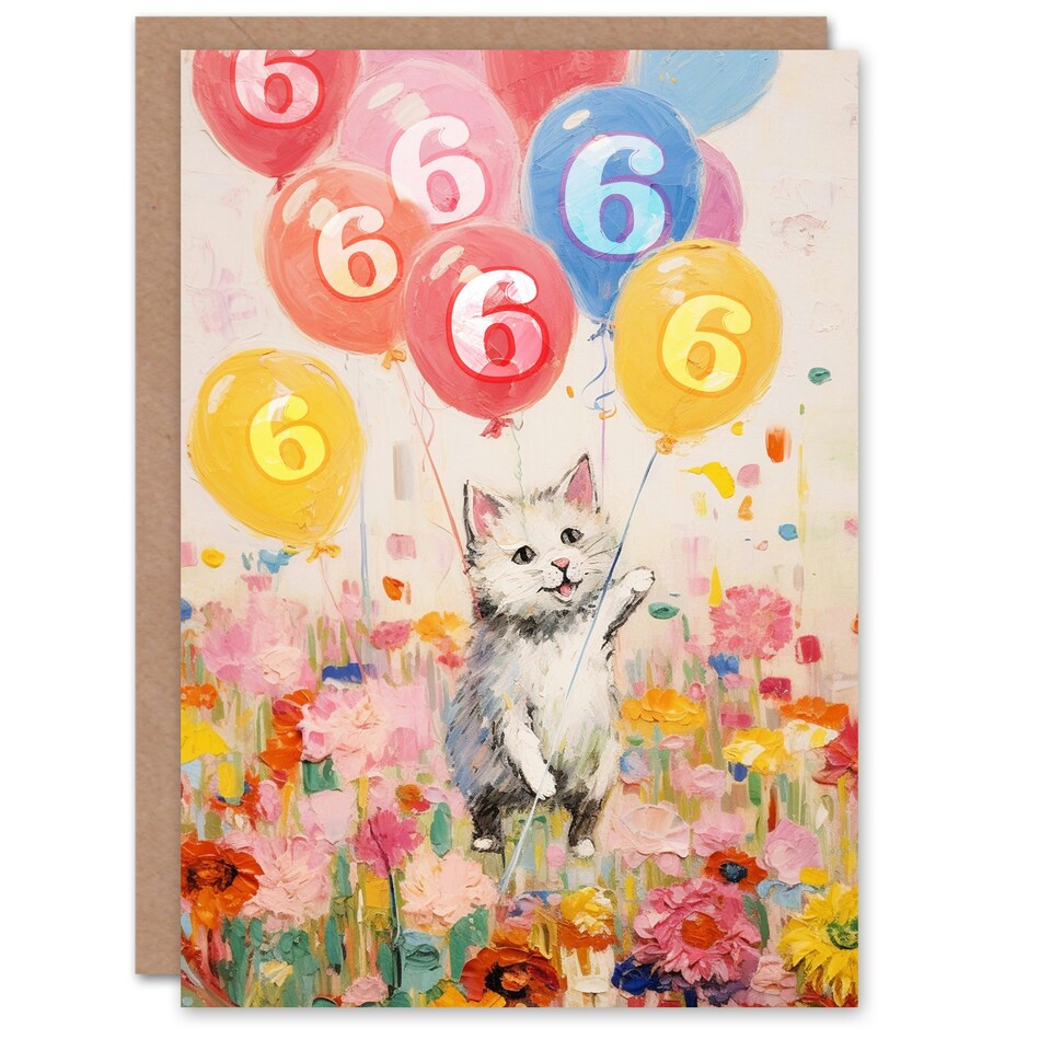 image 1 of Flowers Kitty Balloons Age 6 Year Old Cat Child Kids 6th Birthday Card