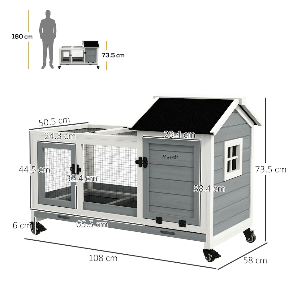 image 1 of PawHut Rabbit Hutch, Guinea Pig Cage with Wheels, Outdoor/Indoor, Grey