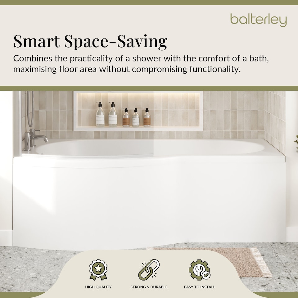 image 1 of 1700 mm Left Hand B Shape Shower Bath with Screen & Front Panel White | White | White | 1695 x 900 x 415mm