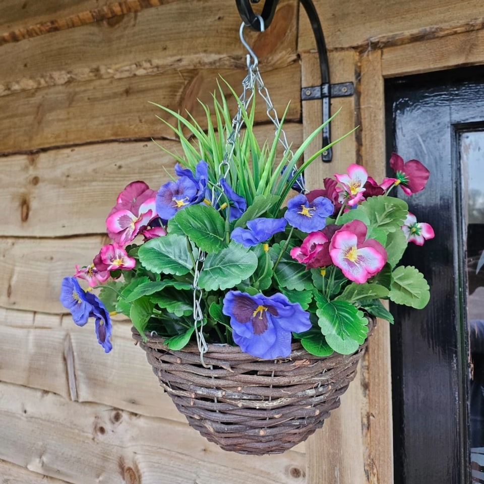 image 1 of Best Artificial Plum & Lilac Pansy Flower with Decorative Rattan Hanging Basket for Indoor or Outdoor Use | Purple | Plum & Lilac | 1