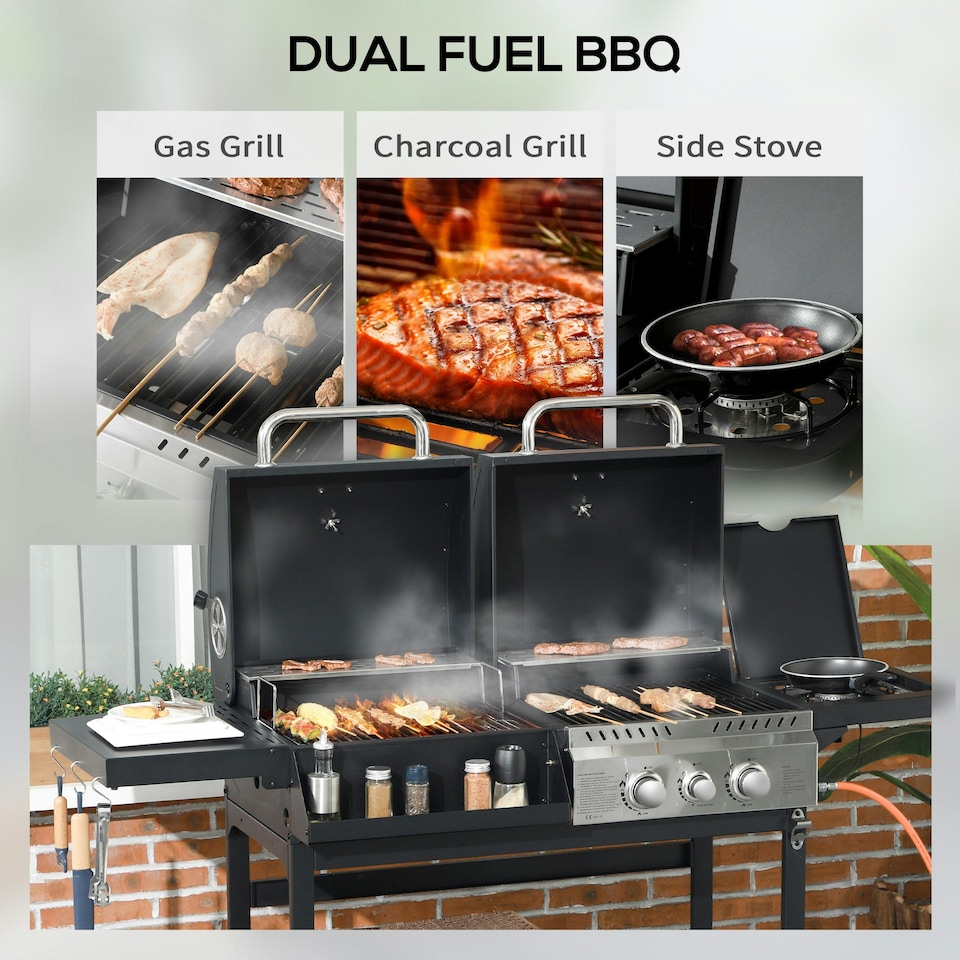 image 1 of Outsunny Dual Fuel BBQ Grill with Wheels, Warming Rack, Black