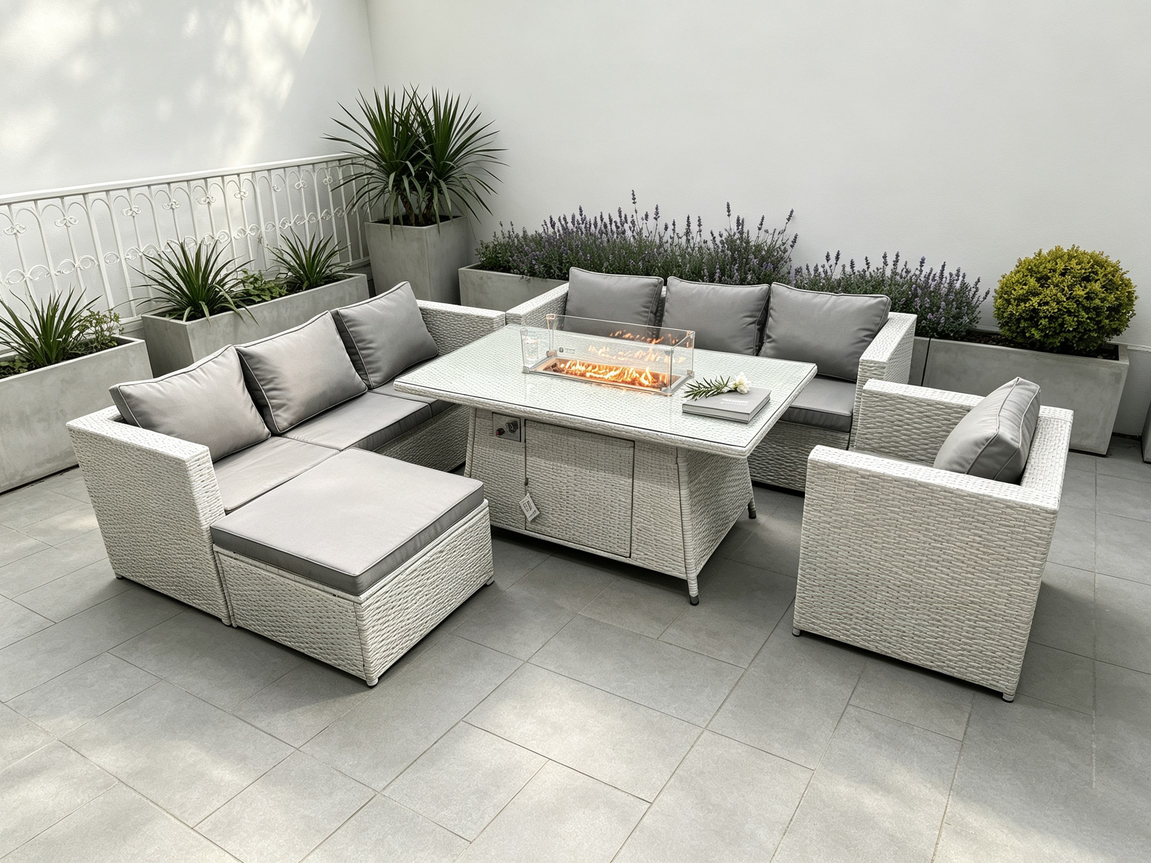 Fimous 8 Seater Outdoor Garden Dining Sets Rattan Furniture Gas Fire Pit Dining Table Gas Heater with Armchair Big Footstool Light Grey