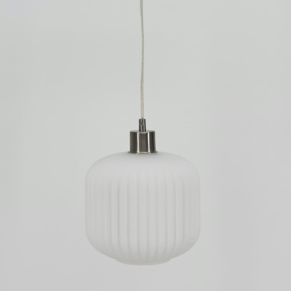 image 1 of Set of 2 Bento - White Ribbed Glass with Satin Nickel Pendant Fittings | Chrome | White | 2
