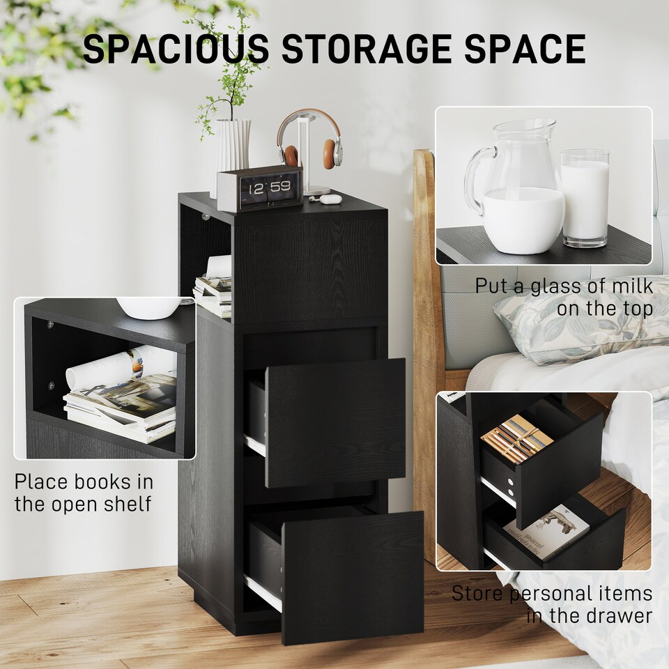 image 1 of HOMCOM Slim Bedside Table, Narrow Bedside Cabinet with Open Shelf and 2 Drawers, Modern Nightstand for Bedroom, Living Room, Black | Black | Black