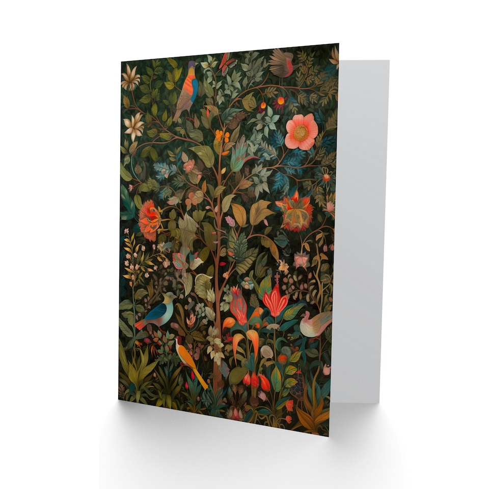 image 1 of Birds in Blooming Garden William Morris Style Nature Greeting Card