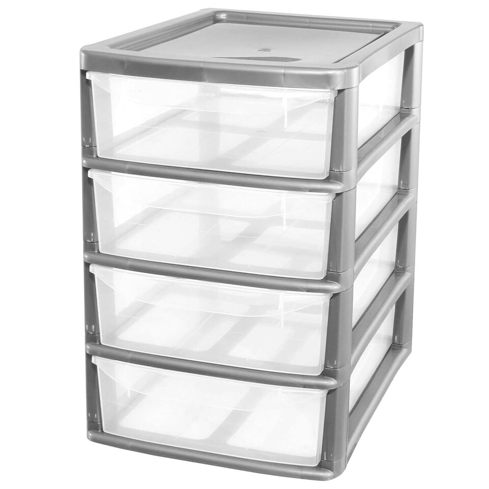 image 1 of 1 x Silver A4 Table & Desktop Compact Bedside Plastic Storage Unit With 4 Clear Drawer Silver