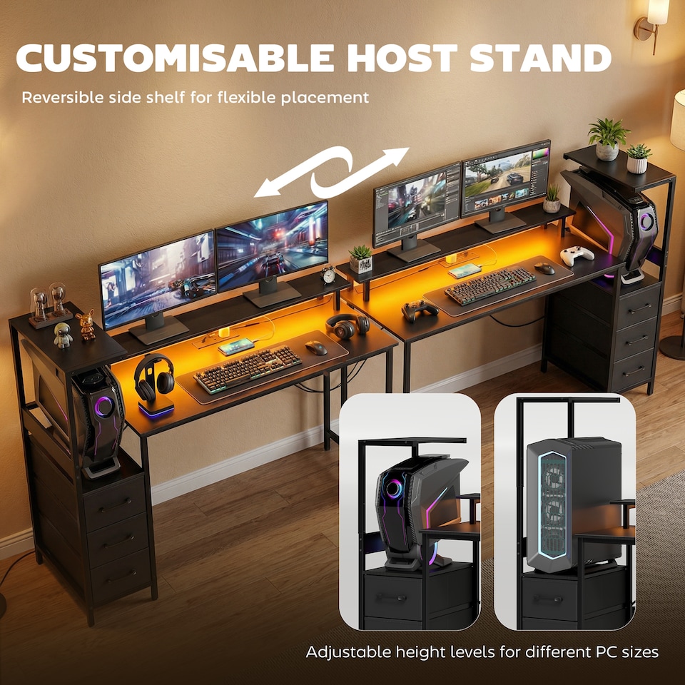 image 1 of HOMCOM 147cm Gaming Desk with Charging Station and RGB Lights, Black | Black | Black with RGB LED | 147 x 47 x 130 cm