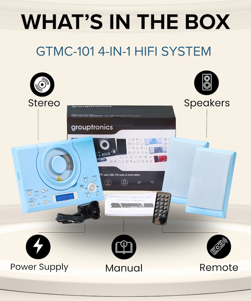 image 1 of CD Player with Speakers - HiFi System for Home with Radio, USB, MP3, Clock Alarm & Remote - Compact Stereo System with Wall Mount Design - Small CD Players for Home - GTMC-101