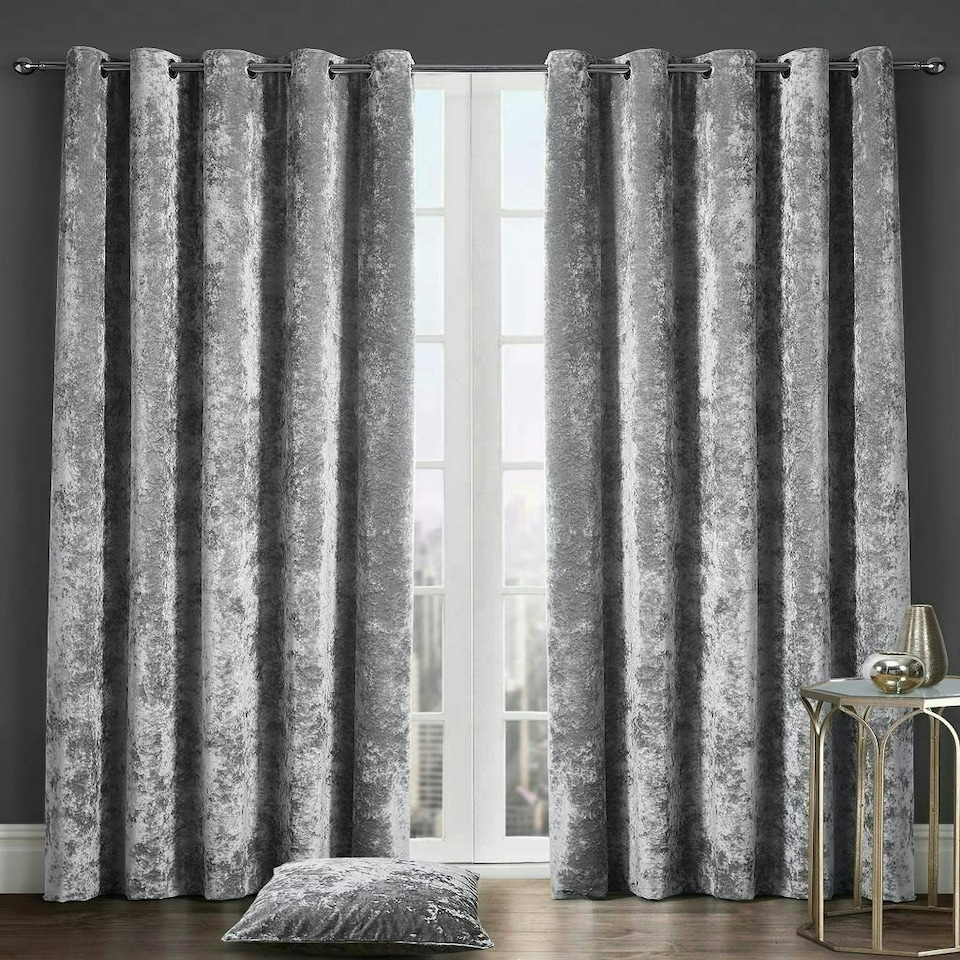 image 1 of Crushed Velvet Fully Lined Eyelet Curtains - Silver - 117x137cm