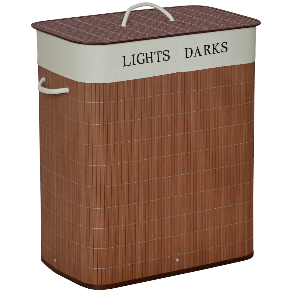 image 1 of HOMCOM 100L Laundry Basket with Lid String Handles, 2 Section Collapsible Hamper Removable Lining Foldable Water-Resistant Dirty Clothes Storage, Brown