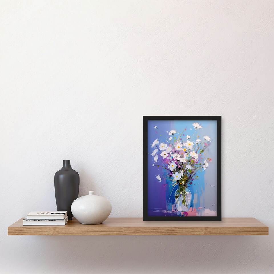 image 1 of White Daisy Bouquet Glass Vase Abstract Oil Black Framed Wall Art Print A4