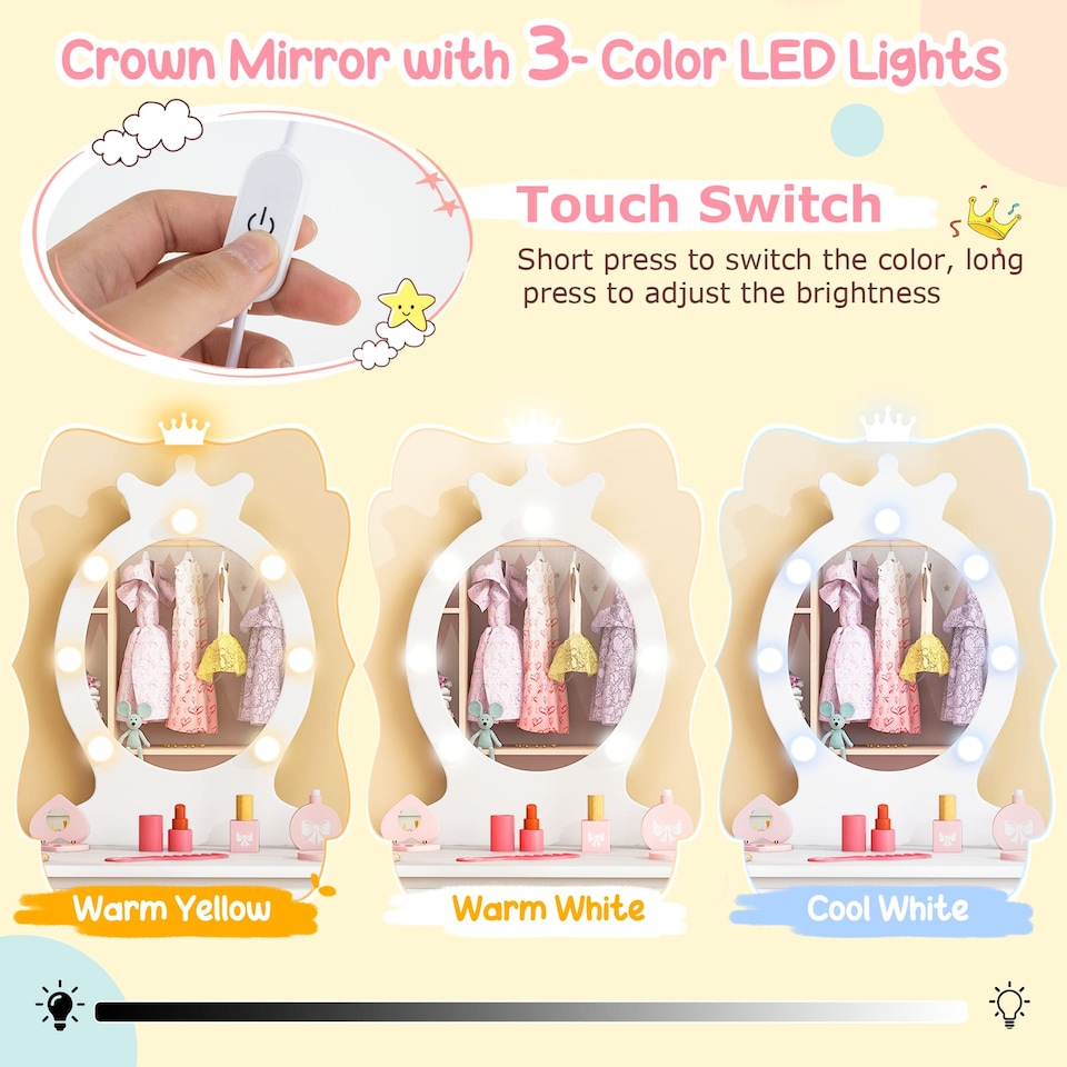 image 1 of COSTWAY Princess Vanity Table & Chair Set Kids Set White