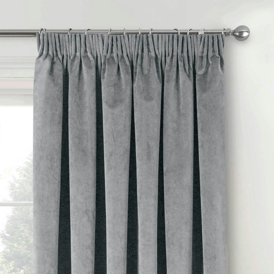 image 1 of Oxford Grey Velvet Curtains 90 x 72 inch (229 x 183 cm) 100% Blackout Pencil Pleat Thermal Noise Reducing Curtains for Bedroom and Living Room