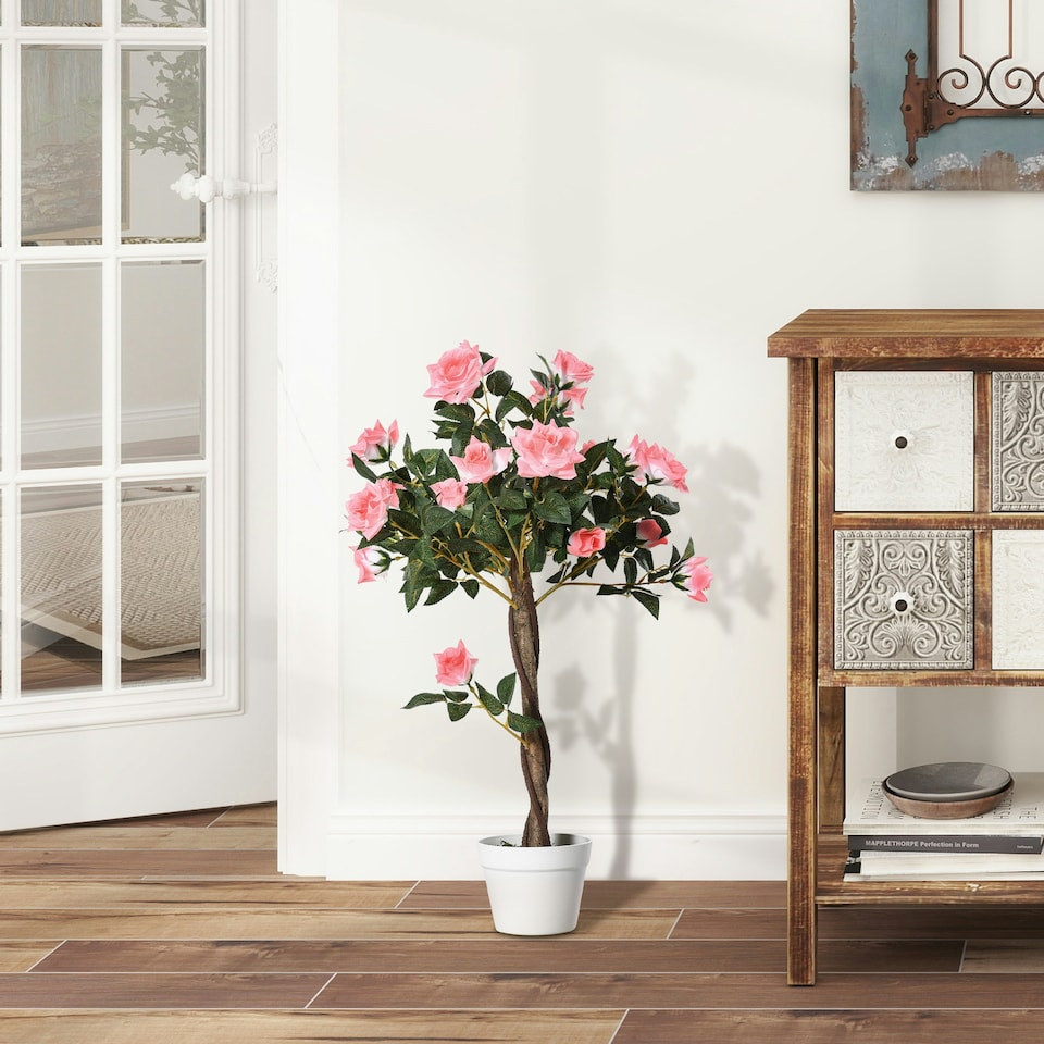 image 1 of Outsunny 90cm Artificial Rose Tree, Fake Decorative Plant, Pink