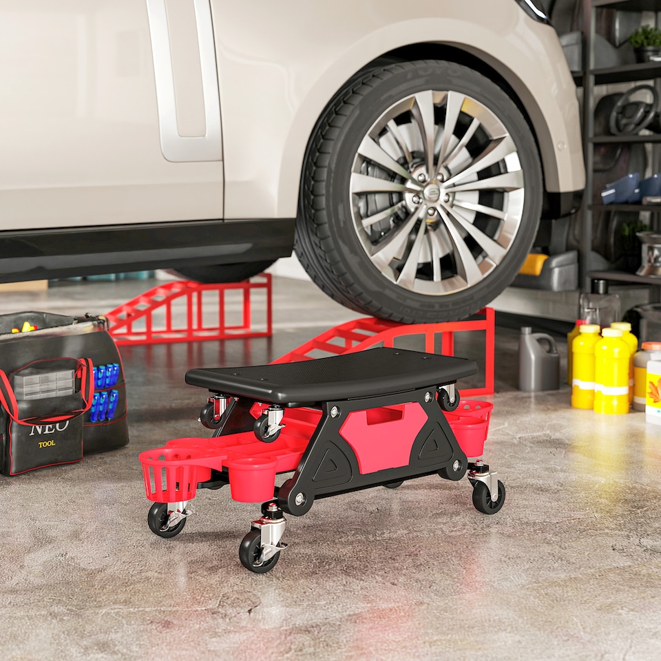 image 1 of HOMCOM Rolling Mechanic Stool, 135kg Capacity Workshop Stool, Red | Red | Red