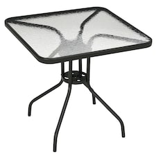 Outsunny 76 cm Square Dining Table with Parasol Hole, Outdoor Coffee End Side Table with Tempered Glass Top, Steel Frame for Garden, Patio, Black