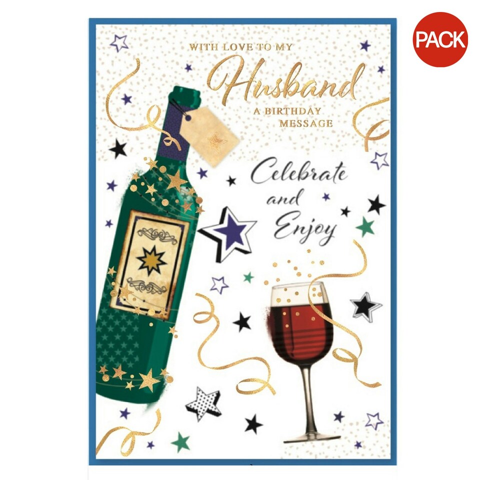 image 1 of Simon Elvin With Love To My Husband Wine Bottle Greetings Card (Pack of 6) - White/Blue/Gold - One Size