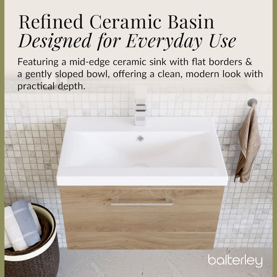 image 1 of Balterley Contemporary Bathroom Wall Hung 1 Soft-Close Drawer Vanity Unit with Mid-Edge Ceramic Basin | Brown | Bleached Oak
