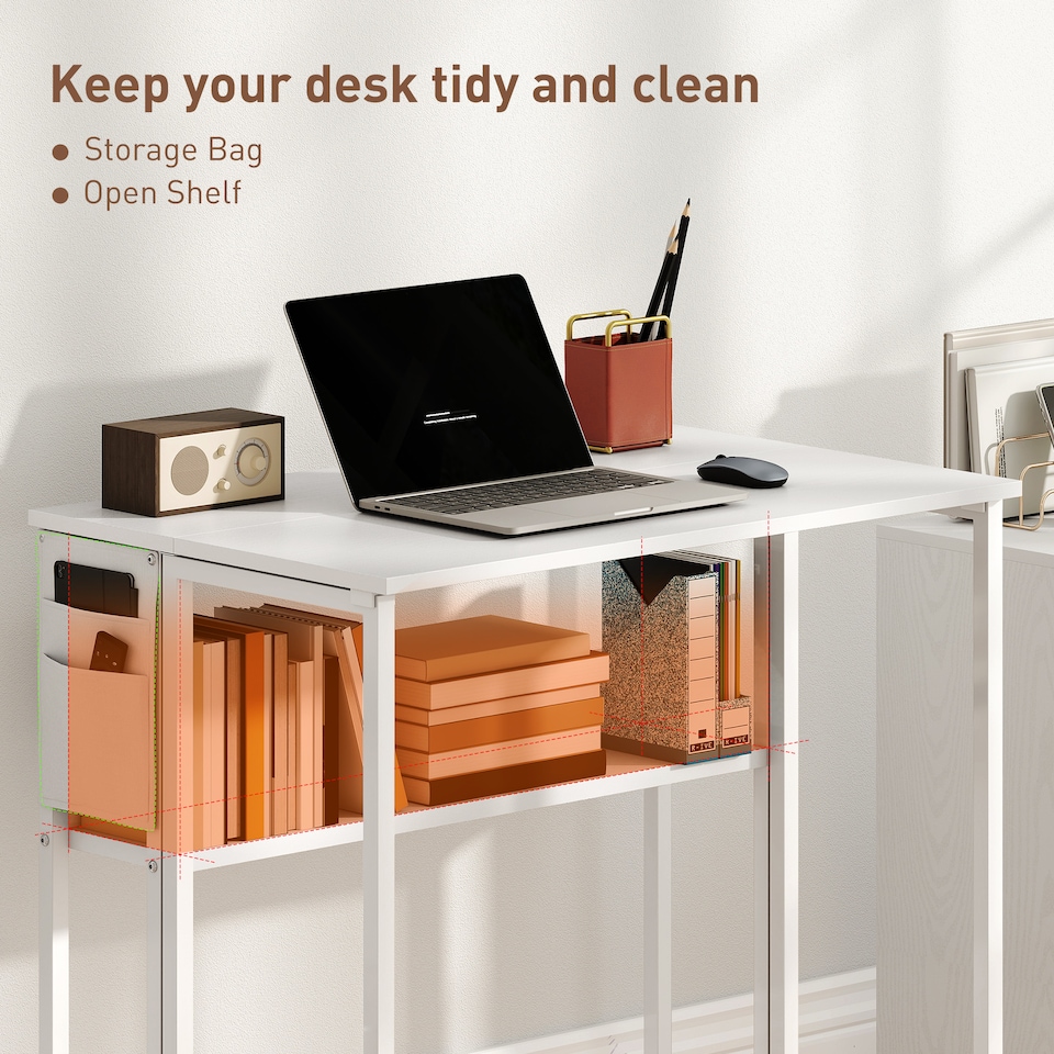 image 1 of HOMCOM Folding Desk with Storage Shelf and Bag, 80 cm Foldable Computer Desk for Small Spaces, Space Saving Writing Table on Wheels for Home Office, Bedroom, Easy Assembly, White | White