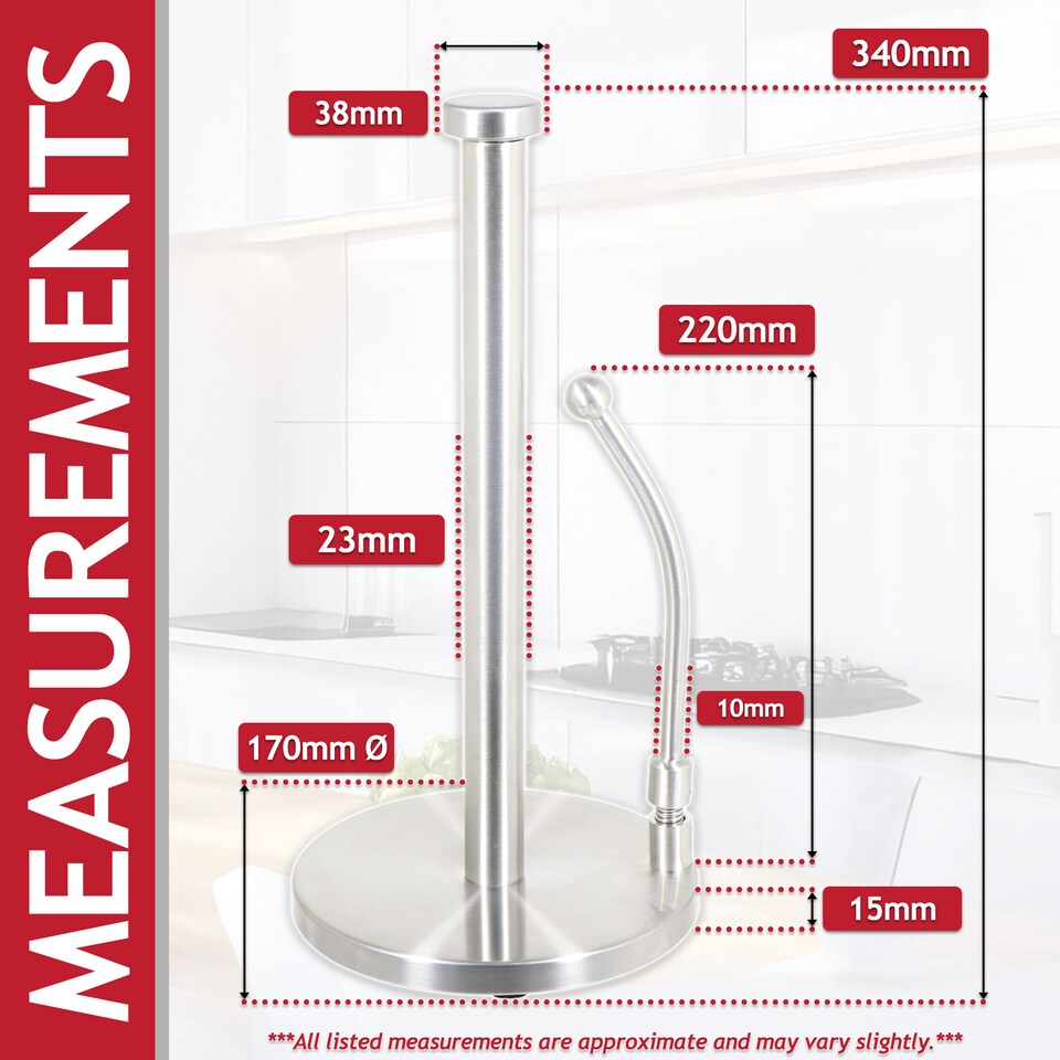 image 1 of SPARES2GO Kitchen Roll Holder Weighted Base Stainless Steel Paper Towel Stand with Spring Tension Arm (Silver)