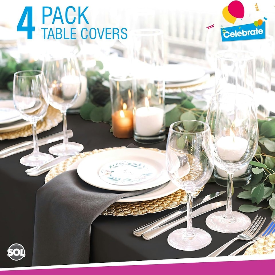 image 1 of SOL 4pk Long Black Table Cloth Party 274x137cm Plastic Cover Tablecloth Black