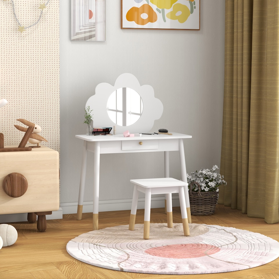 image 1 of AIYAPLAY Kids Dressing Table with Mirror, Stool, Drawer, Cloud Design, White | White