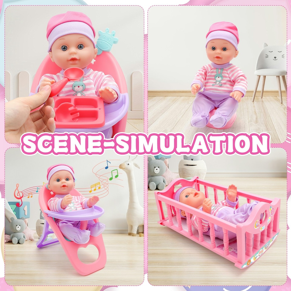 image 1 of 13 Inch Baby Doll Play Set My First Baby Doll with Swinging Crib High Chair and Feeding Accessories Pretend Play Girls Toys