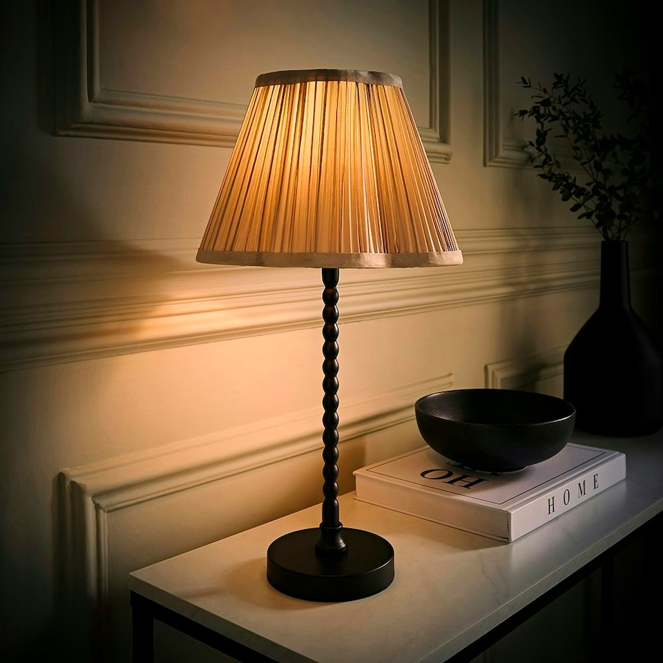 image 1 of ValueLights Maeve Light Grey Pleated Faux Silk Scallop Shade Black Bobbin Bobble Table Lamp Black