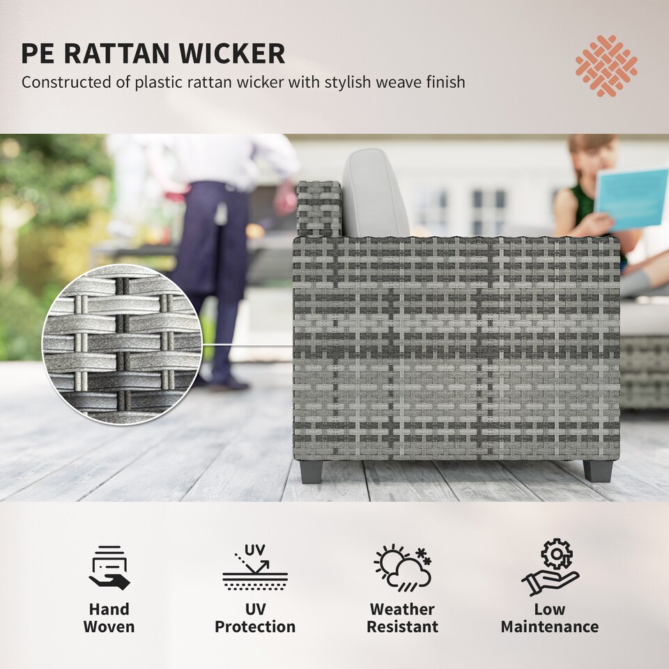 image 1 of Outsunny 6 Pieces Rattan Garden Furniture Set, 5 Seater Wicker Outdoor Furniture Set with 2 Armchairs, Steel Frame Coffee Table and Cushions for Balcony, Porch, Light Grey