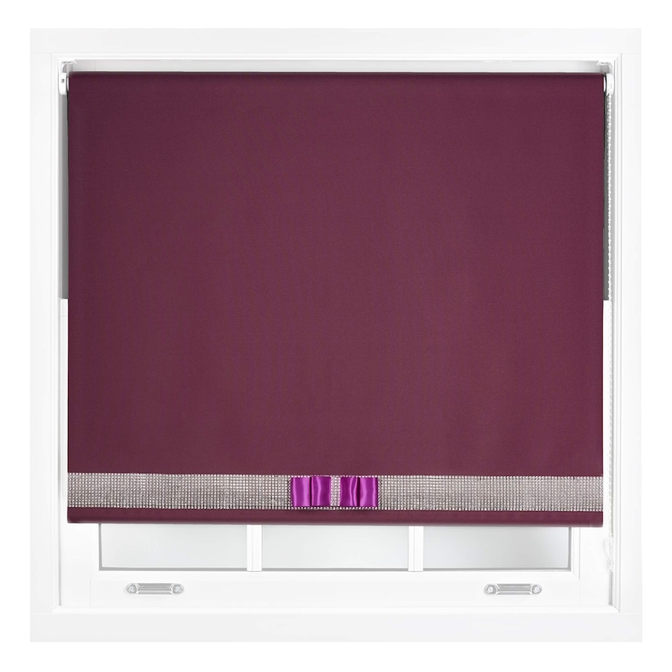 image 1 of FURNISHED Blackout Roller Blinds with Diamante Trim and Bow Cut to Size | Purple | Aubergine | (W) 120cm x (L) 165cm
