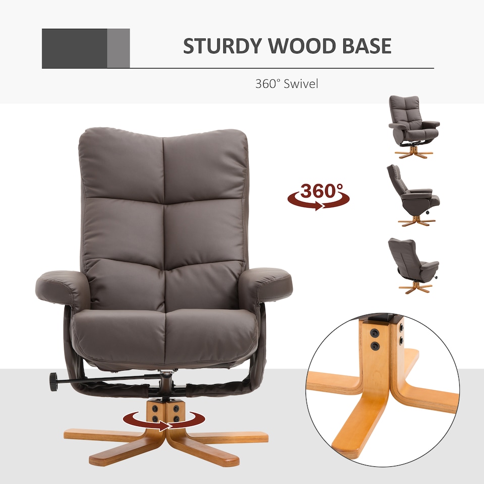 image 1 of HOMCOM PU Leather Swivel Recliner Chair with Footstool, Wooden Base and Storage for Living Room, Brown