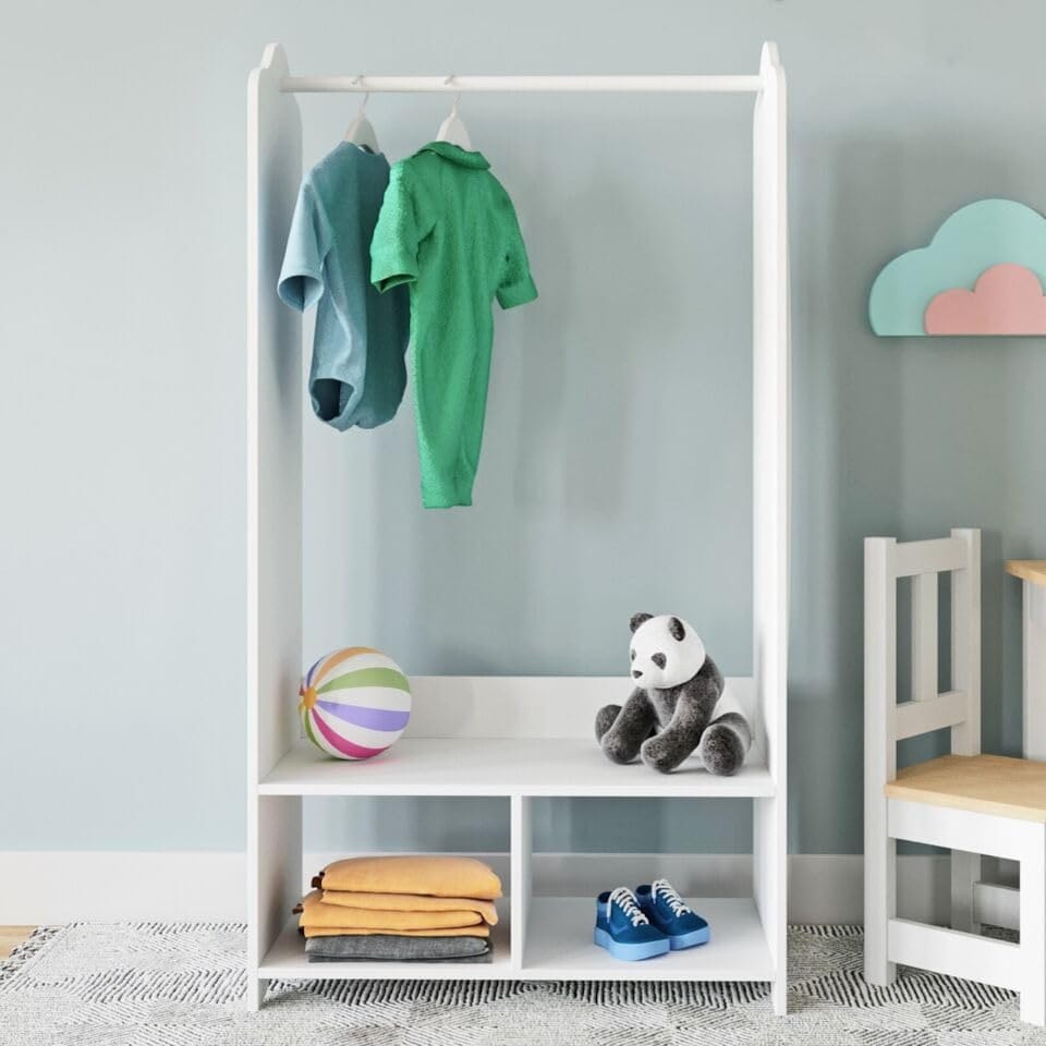 image 1 of Kids MDF Wooden Hanging Clothes Rail Wardrobe Storage Display Shelves & Mirror