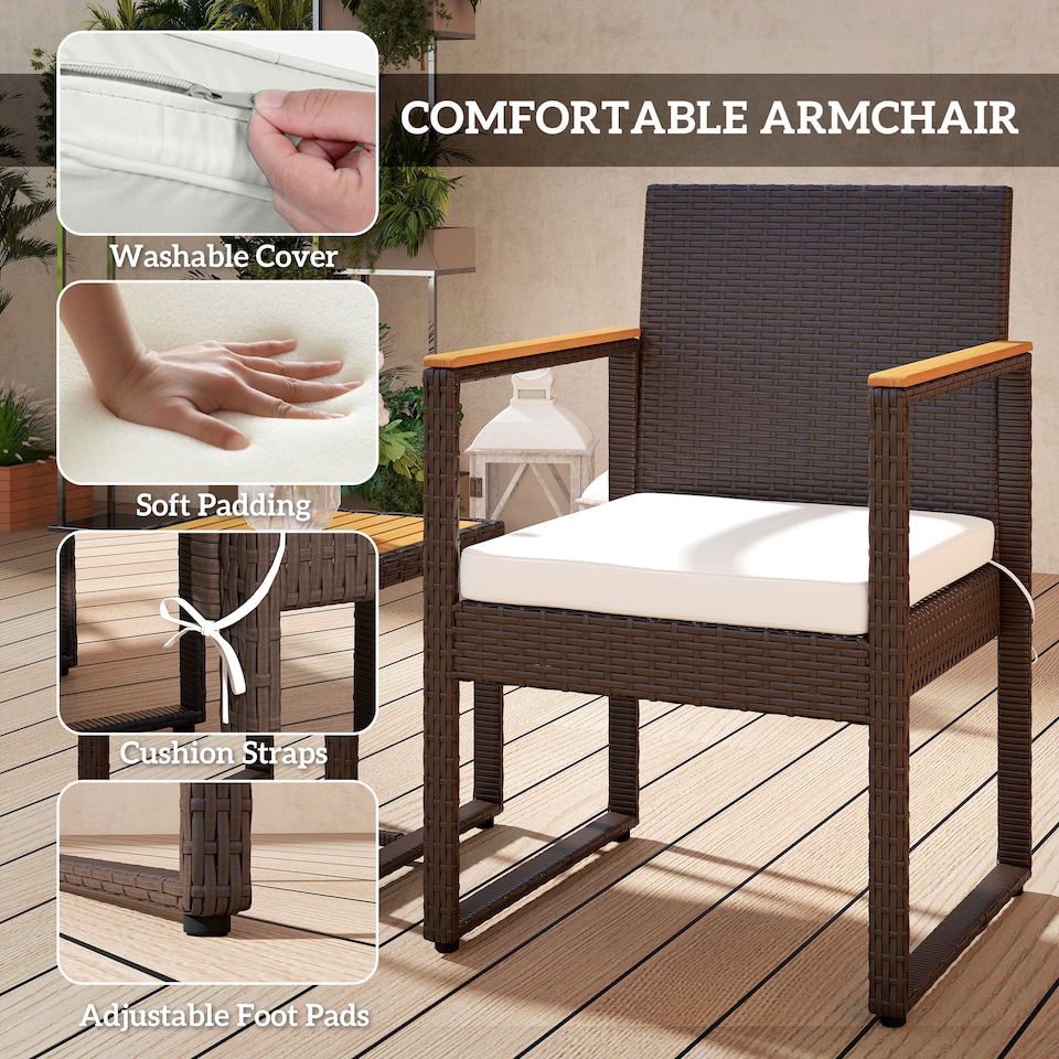 image 1 of Outsunny 3-Piece Rattan Bistro Set, Patio Table and Chairs Set with Removable Cushions, Rattan Conversation Set with Acacia Wood Table & Adjustable Foot Pads for Garden Balcony, White