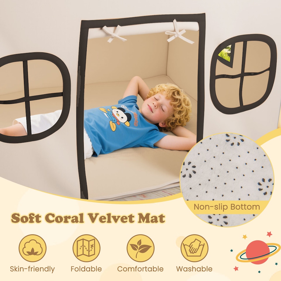 image 1 of COSTWAY Kids Play Tent Large Playhouse w/ Door Curtain & Windows-Beige + Grey