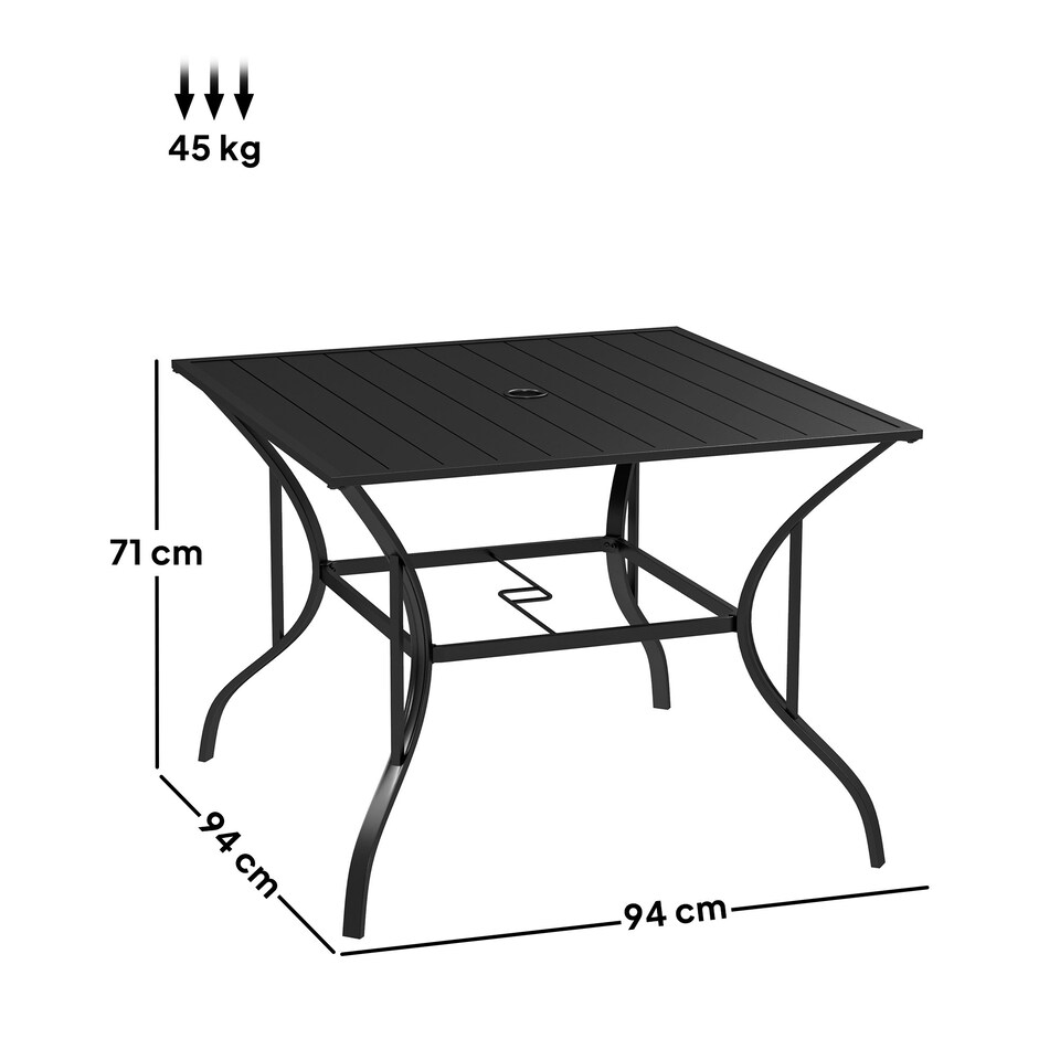 image 1 of Outsunny Garden Table with Parasol Hole for Four, Slatted Metal Plate Top Black