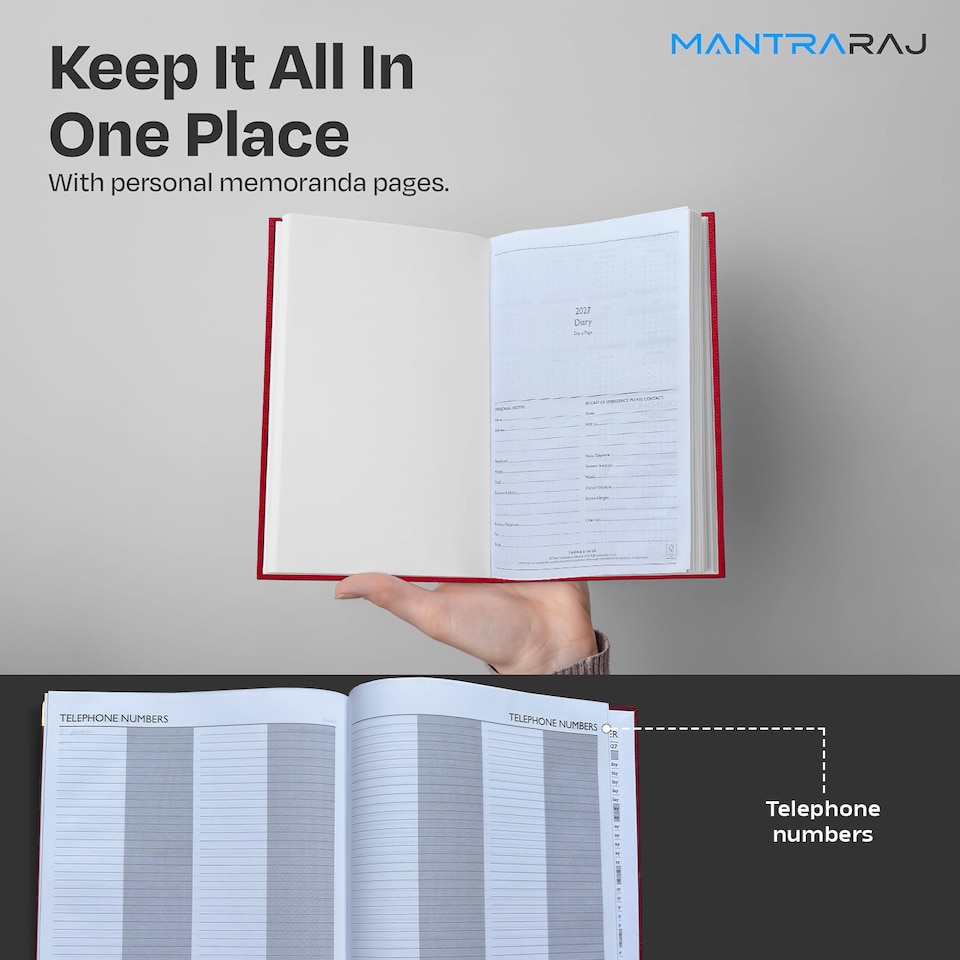 image 1 of MantraRaj 2027 Diary A5 Page A Day Padded Case Bound Desk Diary Office Organiser Planner Red