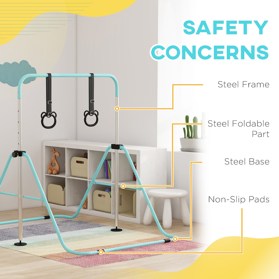 image 1 of HOMCOM Adjustable Height Foldable Kids Gymnastics Bar, Green