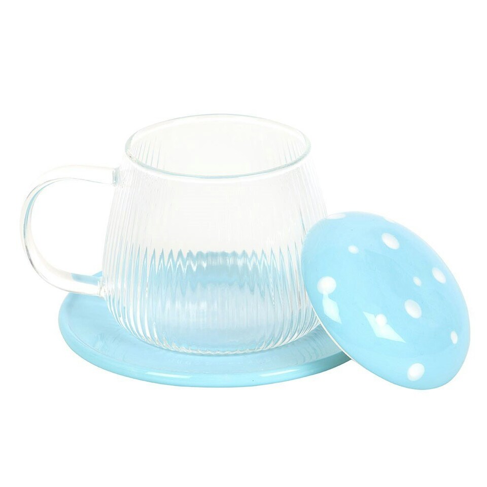 image 1 of Something Different Mushroom Glass Mug & Saucer - Clear/Blue - One Size