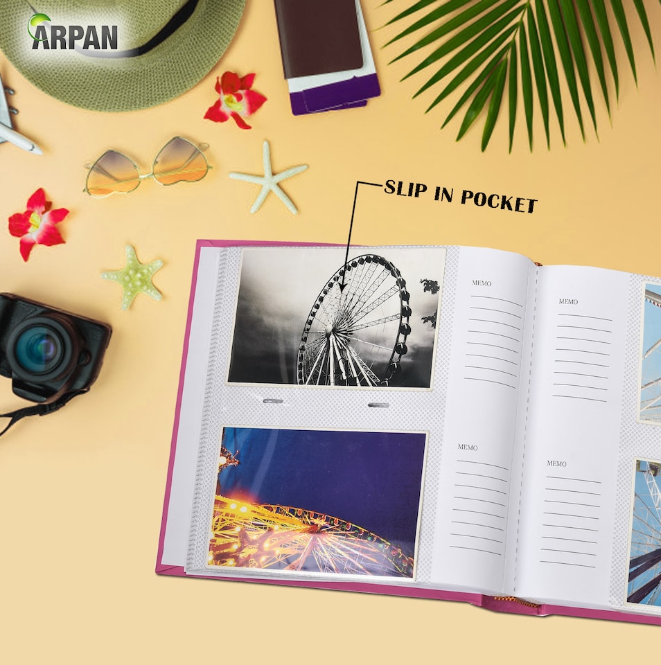 image 1 of ARPAN Slip In Case Book-Bound Memo Photo Album – Holds 200 Photos 6" x 4" (10x15cm) – Hardcover Memory Album with Writing Space for Family, Wedding & Travel Pictures